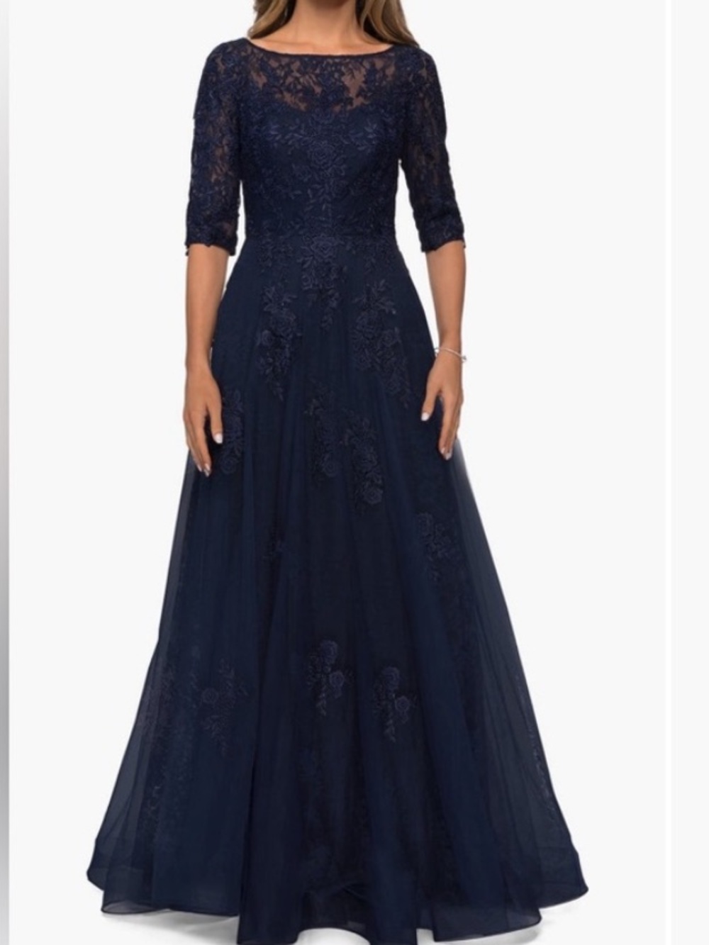 La Femme Navy Blue Lace and Tulle A-Line Maxi Gown